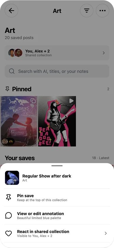 Saved-post actions for pinning, annotations, and shared reactions.