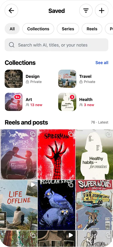 Redesigned Instagram Saved screen with search across AI descriptions, titles and notes, collections, and the saved posts grid