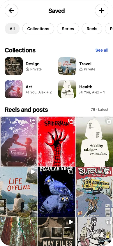 Current Saved screen with collections and a grid of 76 saved posts, without search.