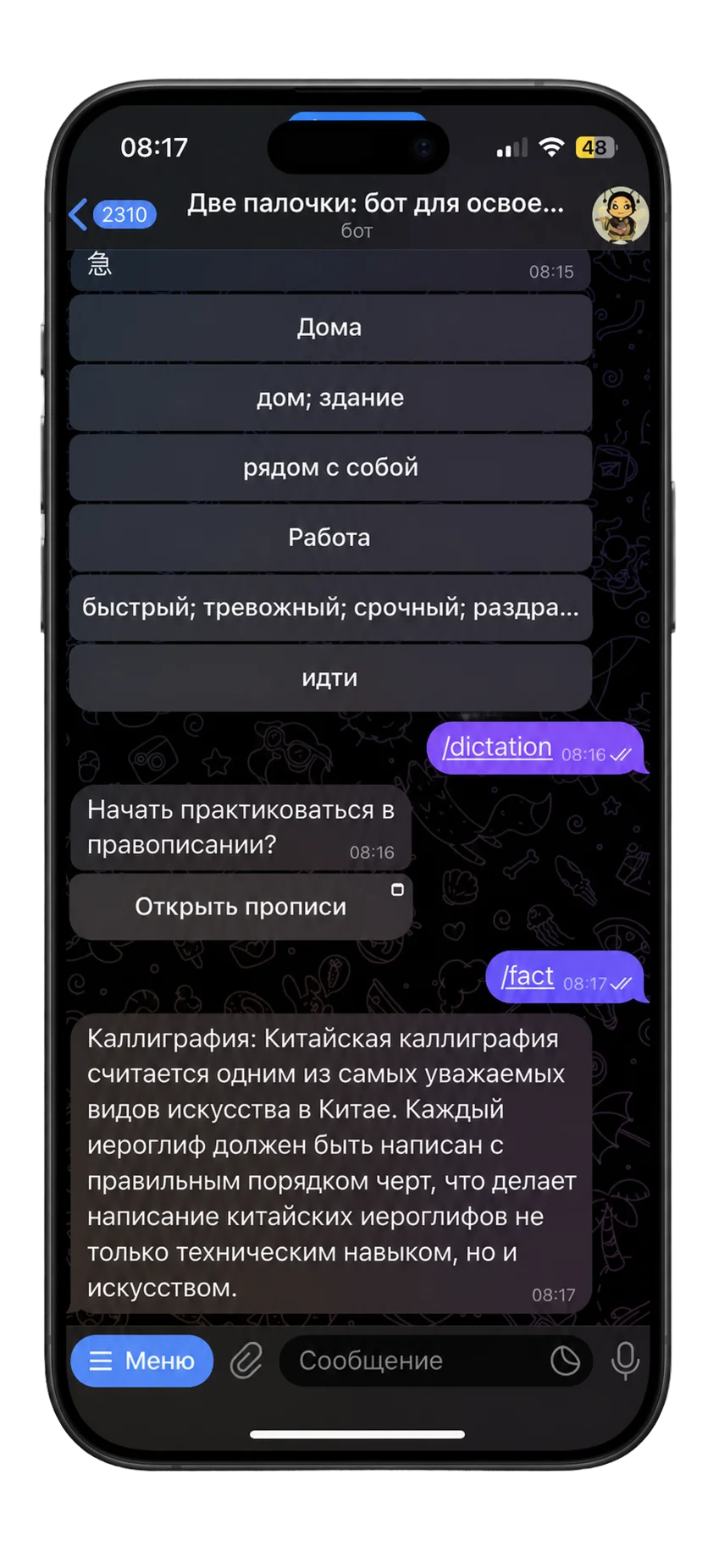 Two Sticks chat where the dictation command offers a button that opens the handwriting practice.