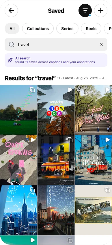 Travel search results with the selected date range and latest-first sort shown above the grid.
