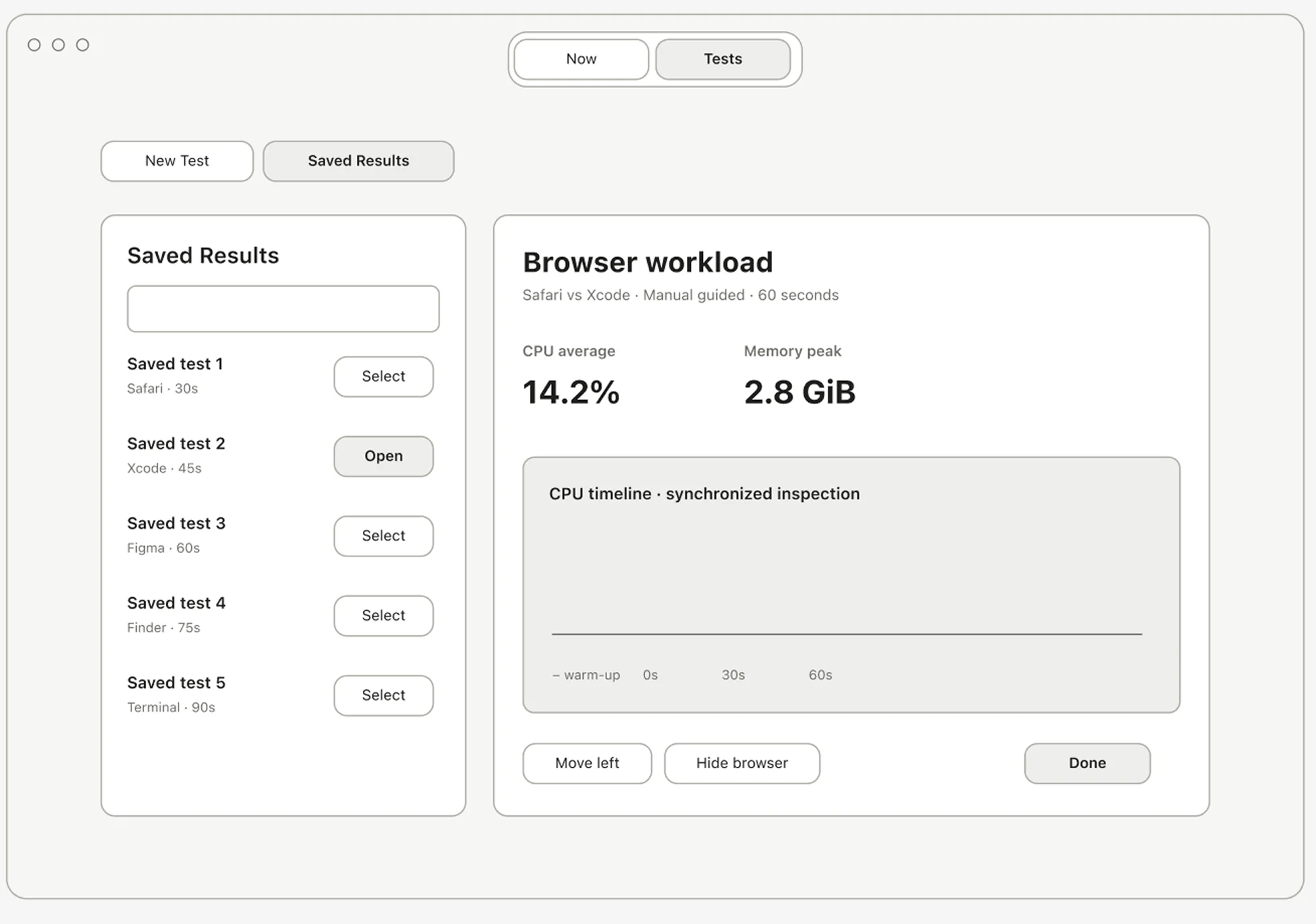 Wireframe of Saved Results inside the Tests workflow.