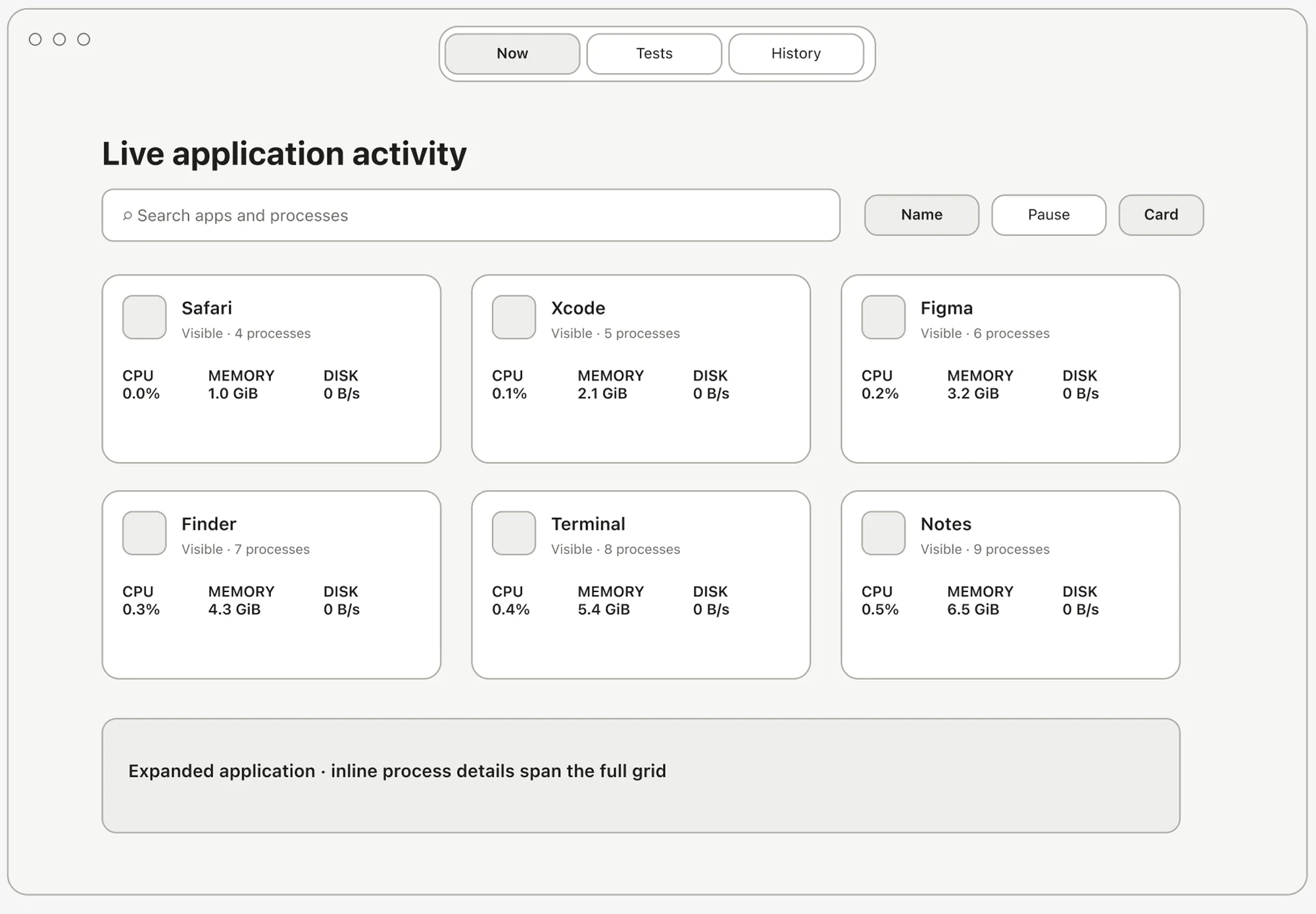Wireframe of a card-based live application view.
