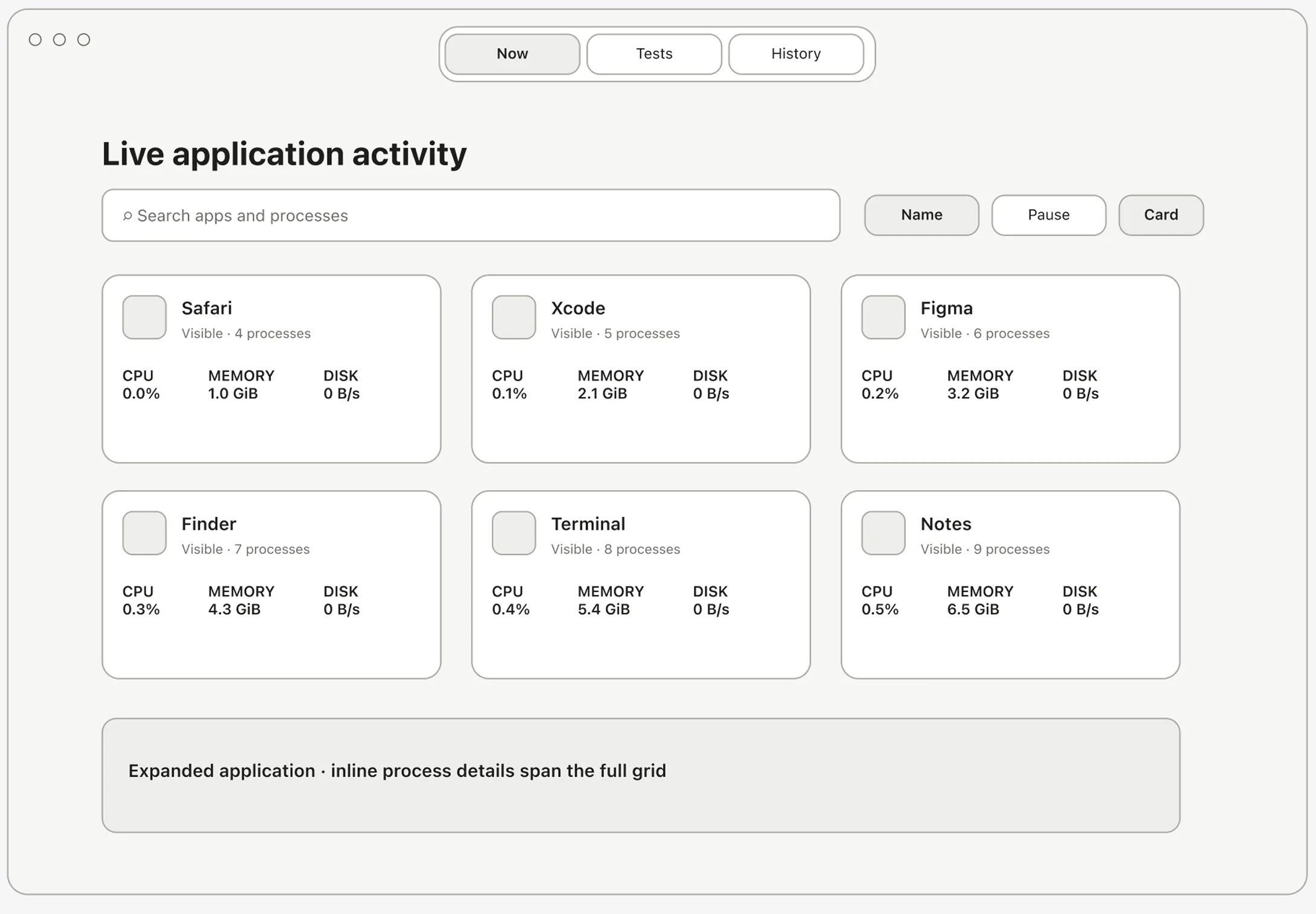 Initial low-fidelity Now screen with application cards.