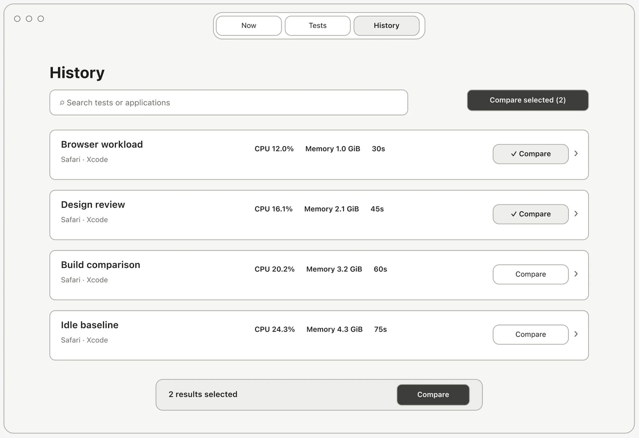 Initial low-fidelity History screen with saved recordings.