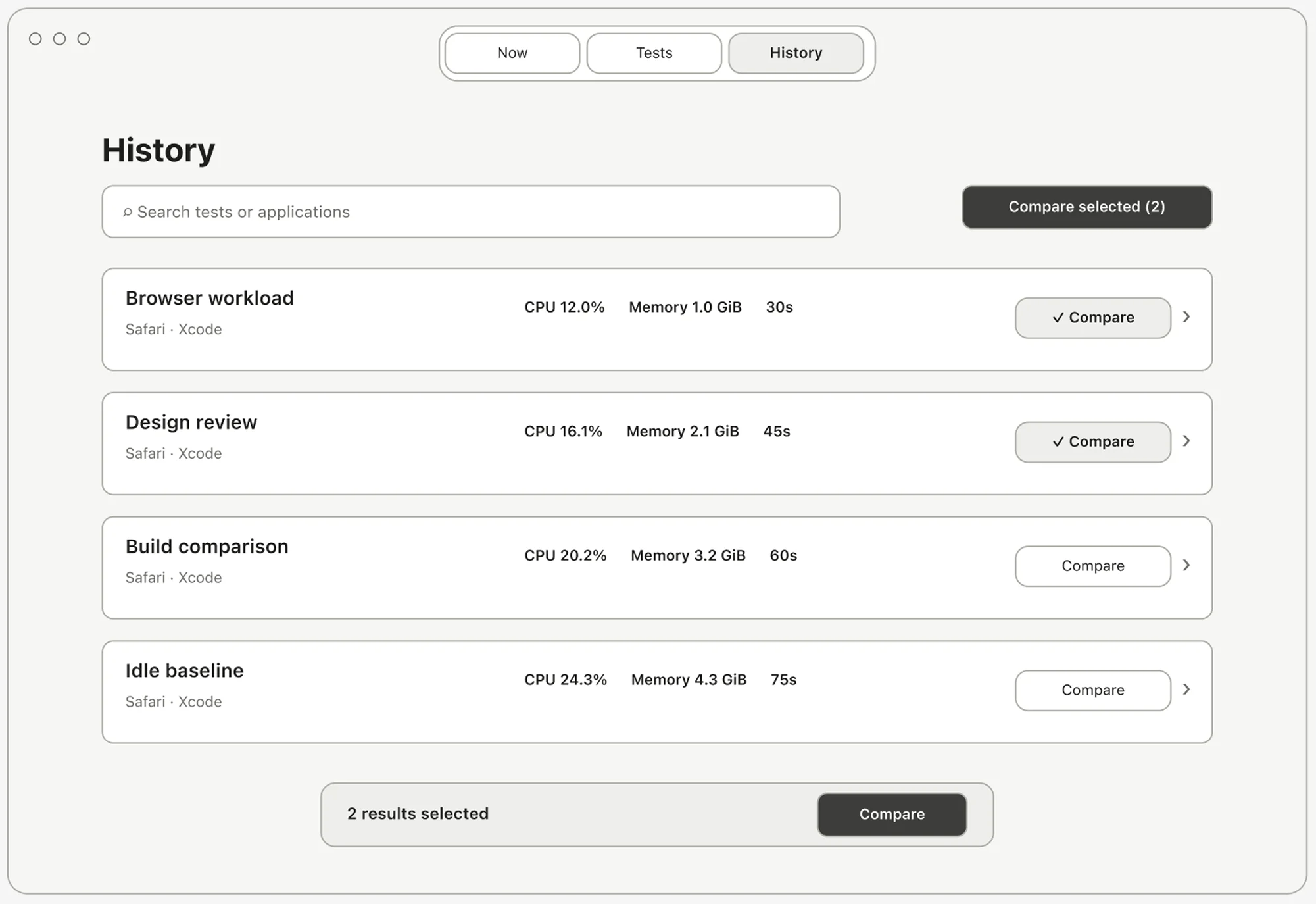 Wireframe of a separate History destination.