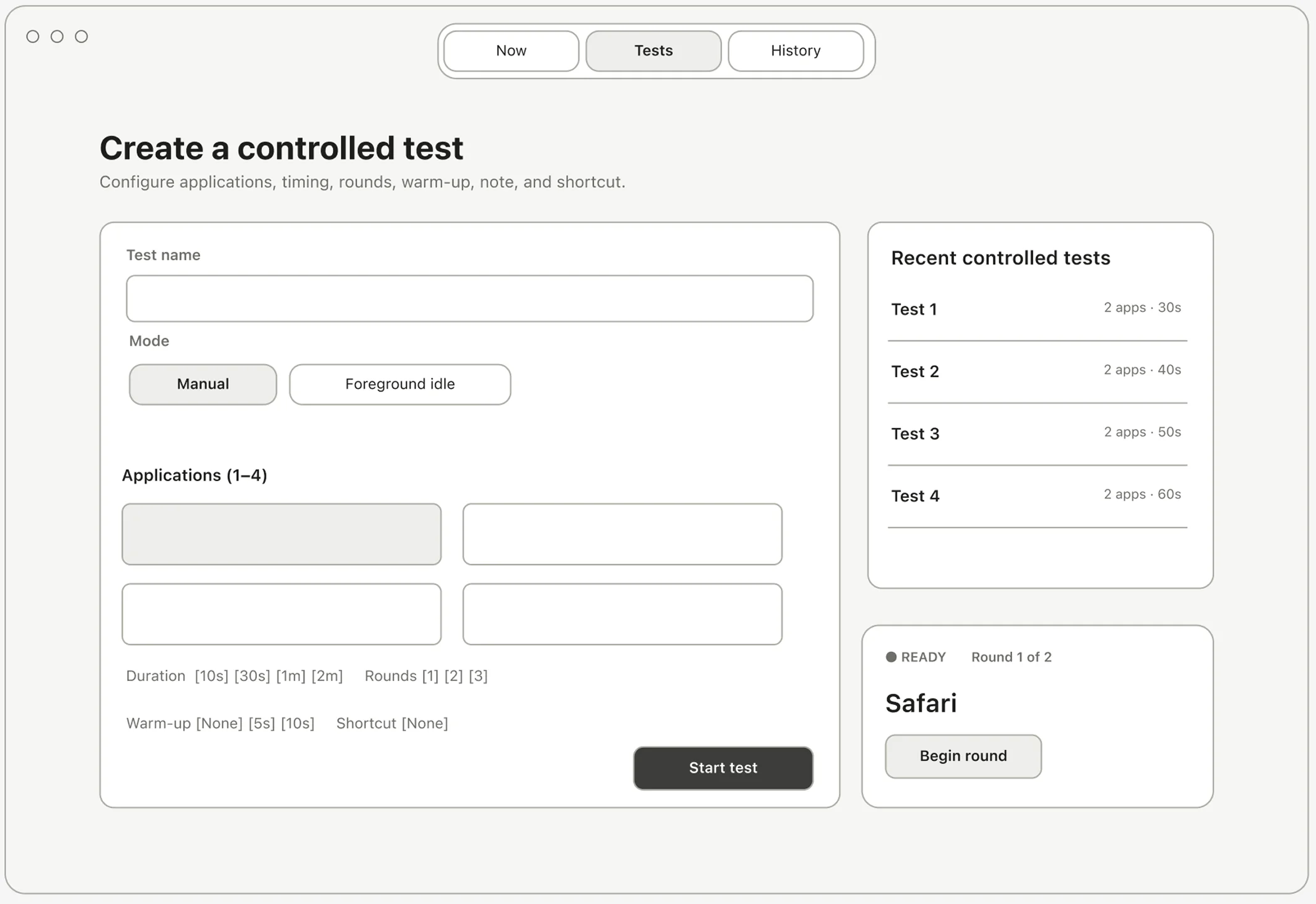 Wireframe combining test setup, recent tests, and an active recording.