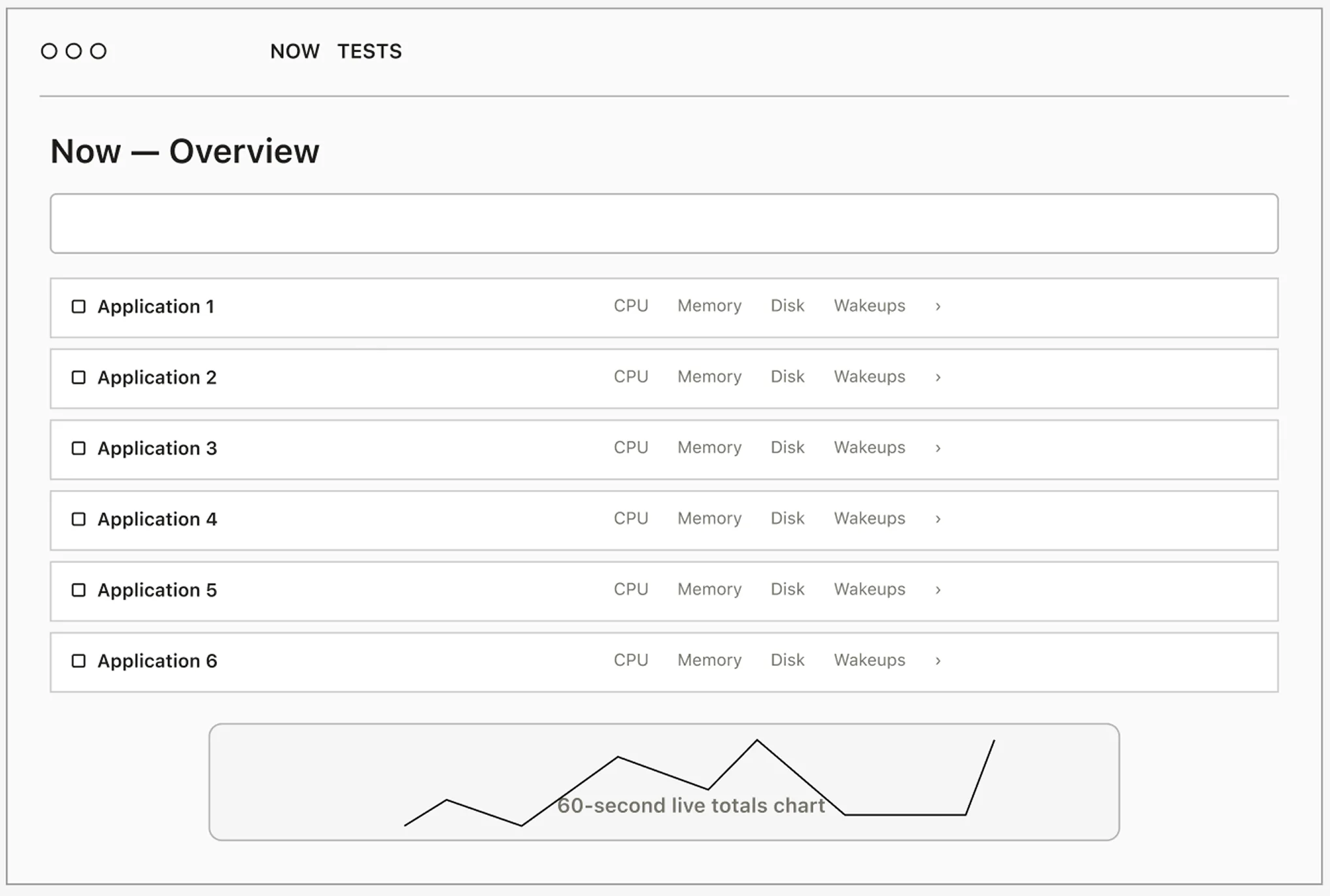 Wireframe of a simplified list-based live application view.