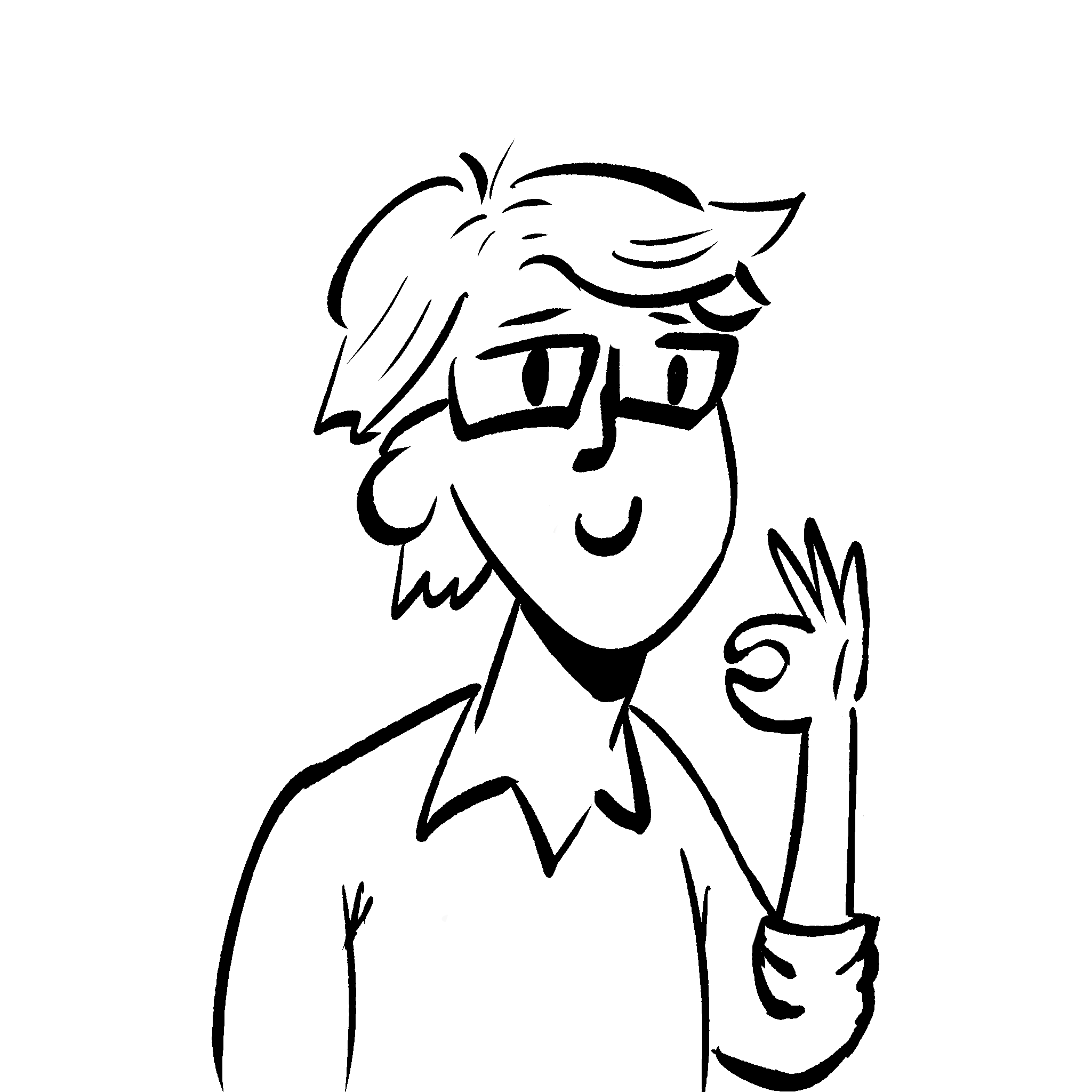 Hand-drawn portrait of the independent troubleshooter persona wearing glasses and making an OK gesture.