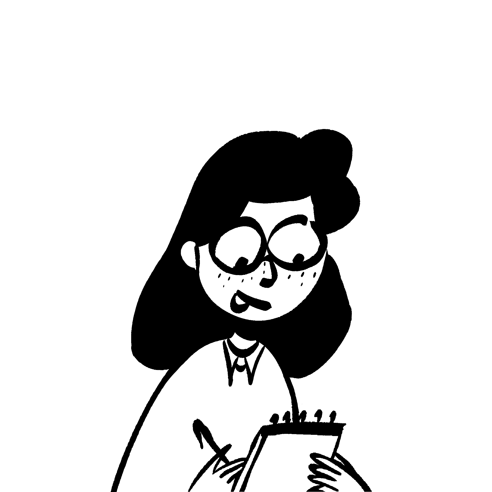 Hand-drawn portrait of the performance verifier persona writing on a clipboard.