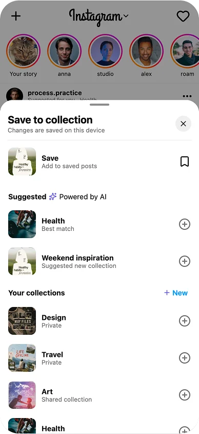 Redesigned save sheet suggesting an existing collection and a possible new collection.